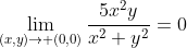 \lim_{(x,y)\to (0,0)}\frac{5x^{2}y}{x^{2}+y^{2}}=0