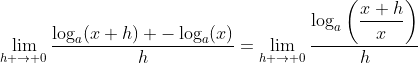 \lim_{h \to 0}\frac{\log_a(x+h) -\log_a(x)}{h}=\lim_{h \to 0}\frac{\log_a\left(\dfrac{x+h}{x}\right)}{h}