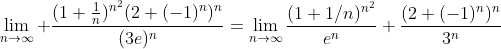 \lim_{n\to\infty} \frac{(1+\frac{1}{n})^{n^2}(2+(-1)^n)^n}{(3e)^n}=\lim_{n\to\infty}\frac{(1+1/n)^{n^2}}{e^n} \frac{(2+(-1)^n)^n}{3^n}