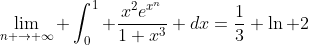 \lim_{n \to \infty} \int_0^1 \frac{x^2e^{x^n}}{1+x^3} dx=\frac{1}{3} \ln 2