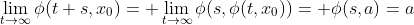 \lim_{t\to\infty}\phi(t+s,x_0)= \lim_{t\to\infty}\phi(s,\phi(t,x_0))= \phi(s,a)=a