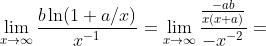\lim_{x\to\infty}\frac{b\ln(1+a/x)}{x^{-1}}=\lim_{x\to\infty}\frac{\frac{-ab}{x(x+a)}}{-x^{-2}}=