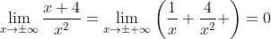 \lim_{x\to\pm\infty}\frac{x+4}{x^2}=\lim_{x\to\pm \infty}\left(\frac{1}{x}+\frac{4}{x^2} \right)=0