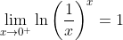 \lim_{x\to{0^+}}\ln\left(\frac{1}{x}\right)^x=1