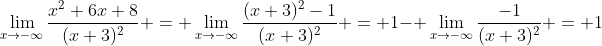 \lim_{x\to-\infty}\frac{x^2+6x+8}{(x+3)^2} = \lim_{x\to-\infty}\frac{(x+3)^2-1}{(x+3)^2} = 1- \lim_{x\to-\infty}\frac{-1}{(x+3)^2} = 1