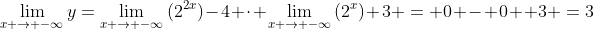 \lim_{x \rightarrow -\infty}y=\lim_{x \rightarrow -\infty}{(2^{2x})}-4 \cdot \lim_{x \rightarrow -\infty}{(2^x)}+3 = 0 - 0 +3 =3