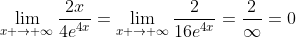 \lim_{x \to \infty}\frac{2x}{4e^{4x}}=\lim_{x \to \infty}\frac{2}{16e^{4x}}=\frac{2}{\infty}=0