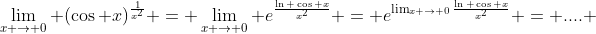 \lim_{x \to 0} (\cos x)^{\frac{1}{x^2}} = \lim_{x \to 0} e^{\frac{\ln \cos x}{x^2}} = e^{\lim_{x \to 0}{\frac{\ln \cos x}{x^2}}} = .... 