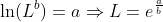 \ln(L^b)=a\Rightarrow{L=e^{\frac{a}{b}}}