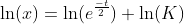 \ln(x)=\ln(e^{\frac{-t}{2}})+\ln(K)