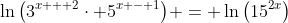 \ln{\left(3^{x + 2}\cdot 5^{x - 1}\right)} = \ln{\left(15^{2x}\right)}