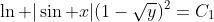\ln |\sin x|(1-\sqrt{y})^2=C_1
