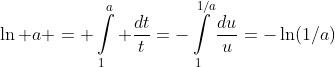 \ln a = \int\limits^a_1 \frac{dt}{t}=-\int\limits_1^{1/a}\frac{du}{u}=-\ln(1/a)