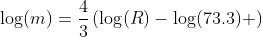 \log(m)=\frac{4}{3}\left(\log(R)-\log(73.3) \right)