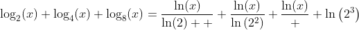 \log_2(x)+\log_4(x)+\log_8(x)=\frac{\ln(x)}{\ln(2)  }+\frac{\ln(x)}{\ln\left(2^2\right)}+\frac{\ln(x)}  {\ln\left(2^3\right)}