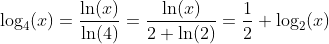\log_4(x)=\dfrac{\ln(x)}{\ln(4)}=\dfrac{\ln(x)}{2 \ln(2)}=\dfrac12 \log_2(x)