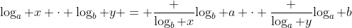 \log_a x \cdot \log_b y = \frac {\log_b x}{\log_b a} \cdot \frac {\log_a y}{\log_a b}