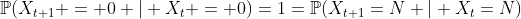 \mathbb{P}(X_{t+1} = 0 | X_t = 0)=1=\mathbb{P}(X_{t+1}=N | X_t=N)