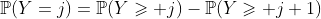 \mathbb{P}(Y=j)=\mathbb{P}(Y\geqslant j)-\mathbb{P}(Y\geqslant j+1)