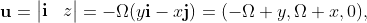 \mathbf{u}=\left|\begin{matrix}\mathbf{i}&\mathbf{  j}&\mathbf{k}\\<br />
0 &0 &\Omega\\<br />
x &y &z\end{matrix}\right|=-\Omega(y\mathbf{i}-x\mathbf{j})=(-\Omega y,\Omega x,0),