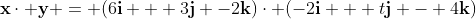 \mathbf{x}\cdot \mathbf{y} = (6\mathbf{i} + 3\mathbf{j} -2\mathbf{k})\cdot (-2\mathbf{i} + t\mathbf{j} - 4\mathbf{k})
