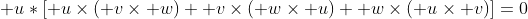 \mathbf u*[\mathbf u\times(\mathbf v\times\mathbf w)+\mathbf v\times(\mathbf w\times\mathbf u)+\mathbf w\times(\mathbf u\times\mathbf v)]=0