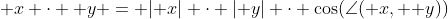 \mathbf x \cdot \mathbf y = |\mathbf x| \cdot |\mathbf y| \cdot \cos(\angle(\mathbf x, \mathbf y))