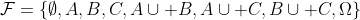\mathcal{F}=\{\emptyset,A,B,C,A\cup B,A\cup C,B\cup C,\Omega\}