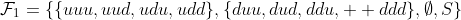 \mathcal{F}_1=\{\{uuu,uud,udu,udd\},\{duu,dud,ddu,  ddd\},\emptyset,S\}