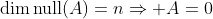 \mathrm{dim}\,\mathrm{null}(A)=n\Rightarrow A=0