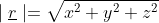 \mid{\underline{r}\mid=\sqrt{x^2+y^2+z^2}