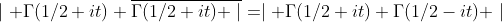 \mid \Gamma(1/2+it) \overline{\Gamma(1/2+it) \mid}=\mid \Gamma(1/2+it) \Gamma(1/2-it) \mid