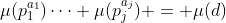 \mu(p_1^{a_1})\cdots \mu(p_j^{a_j}) = \mu(d)