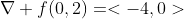 \nabla f(0,2)=<-4,0>