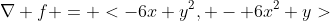 \nabla f = <-6x y^2, - 6x^2 y>