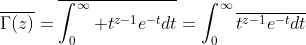 \overline{\Gamma(z)}=\overline{\int_{0}^{\infty} t^{z-1}e^{-t}dt}=\int_{0}^{\infty}\overline{t^{z-1}e^{-t}dt}
