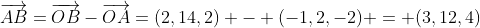 \overrightarrow{AB}=\overrightarrow{OB}-\overrightarrow{OA}=(2,14,2) - (-1,2,-2) = (3,12,4)
