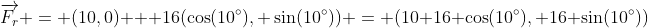 \overrightarrow{F_r} = (10,0) + 16(\cos(10^\circ), \sin(10^\circ)) = (10+16 \cos(10^\circ), 16 \sin(10^\circ))
