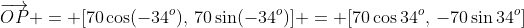 \overrightarrow{OP} = [70\cos(-34^o),\,70\sin(-34^o)] = [70\cos34^o,\,-70\sin34^o]