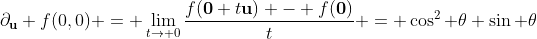 \partial_{\bold{u}} f(0,0) = \lim_{t\to 0}\frac{f(\bold{0}+t\bold{u}) - f(\bold{0})}{t} = \cos^2 \theta \sin \theta