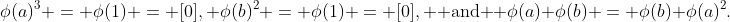 \phi(a)^3 = \phi(1) = [0], \phi(b)^2 = \phi(1) = [0], \text{ and } \phi(a) \phi(b) = \phi(b) \phi(a)^2.
