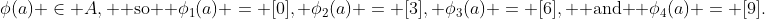 \phi(a) \in A, \text{ so } \phi_1(a) = [0], \phi_2(a) = [3], \phi_3(a) = [6], \text{ and } \phi_4(a) = [9].
