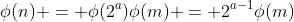 \phi(n) = \phi(2^a)\phi(m) = 2^{a-1}\phi(m)