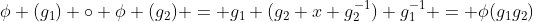 \phi (g_1) \circ \phi (g_2) = g_1 (g_2 x g_2^{-1}) g_1^{-1} = \phi(g_1g_2)
