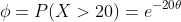 \phi=P(X>20)=e^{-20\theta}