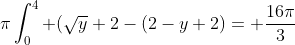 \pi\int_0^4 (\sqrt{y}+2-(2-y+2)= \frac{16\pi}{3}