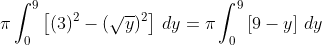 \pi\int_0^9\left[(3)^2-(\sqrt{y})^2\right]\,dy=\pi\int_0^9\left[9-y\right]\,dy