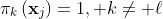 \pi_{k}\left(\bold{x}_j\right)=1,\text{ }k\ne \ell