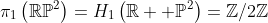 \pi_1\left(\mathbb{RP}^2\right)=H_1\left(\mathbb{R  P}^2\right)=\mathbb{Z}/2\mathbb{Z}