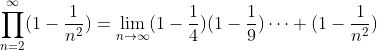 \prod_{n=2}^{\infty}(1-\frac{1}{n^2})=\lim_{n\to\infty}(1-\frac{1}{4})(1-\frac{1}{9})\dots (1-\frac{1}{n^2})